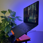 Laptop on a stand with a plant in the background under a blue light